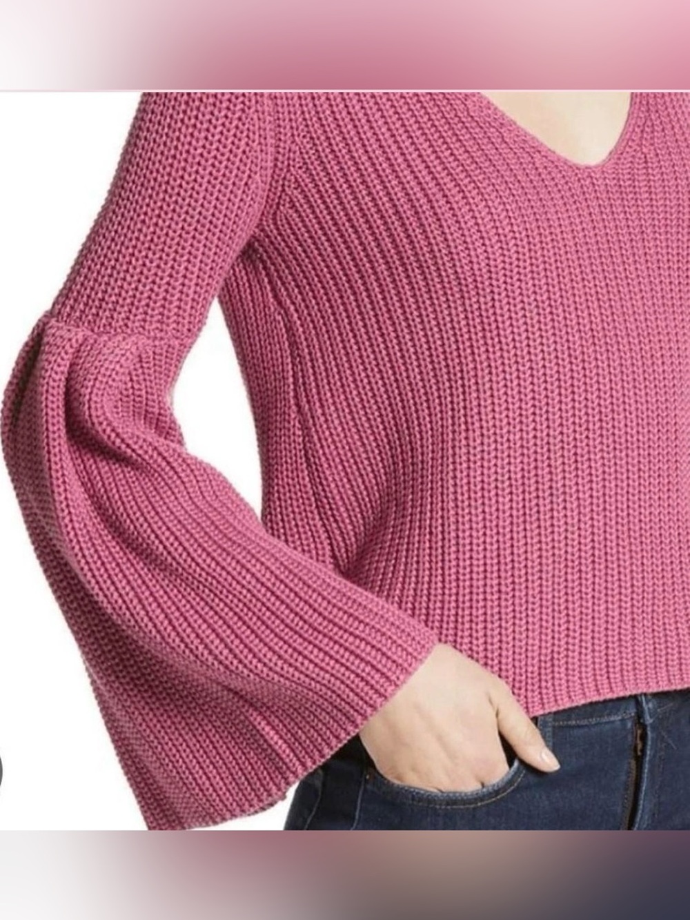 Free People Damsel Bell Sleeve Ribbed Knit V-Neck Cropped Sweater Rose Pink XS